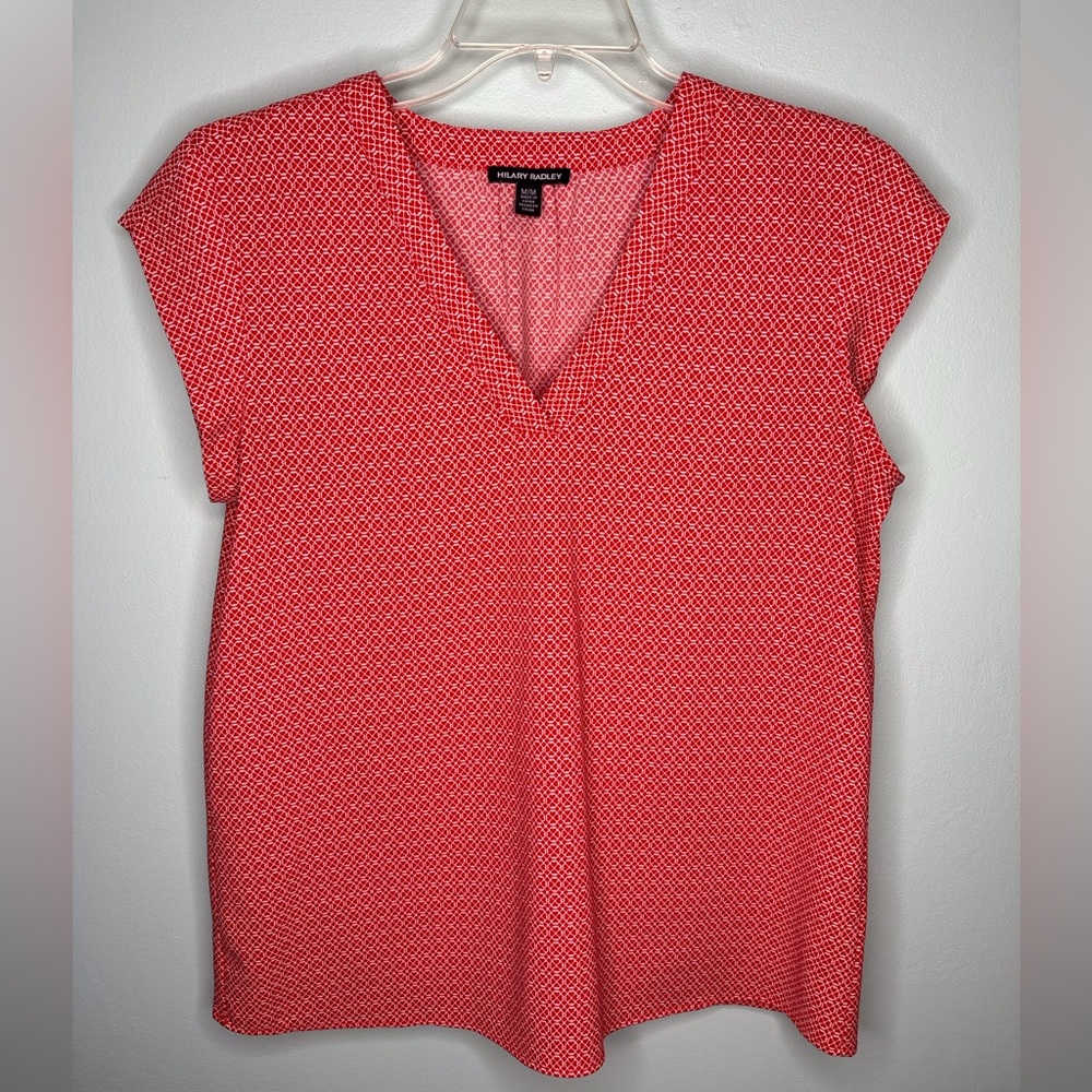 Hilary Radley Red Short Sleeve Blouse – Floral Geometric Print – Size M